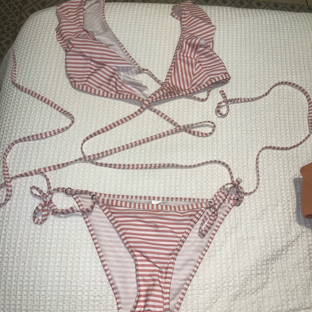 Pink and white tie around stomach bikini size S